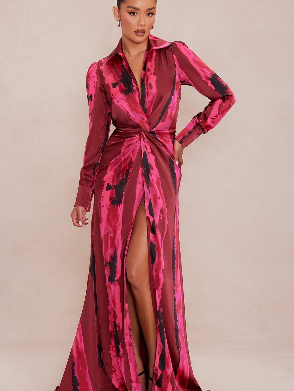Gabriella Long Sleeve Maxi Dress-Fuchsia, Magenta and Burgundy